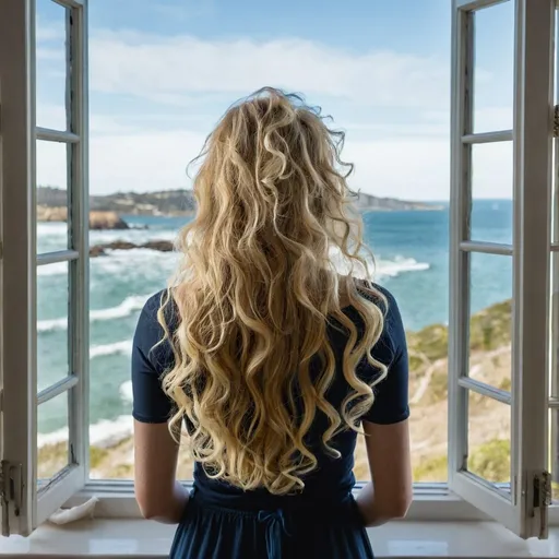 Prompt: Image taken from behind an attrative woman with wavy blonde hair as she gazes out a large bay window of a scenic view