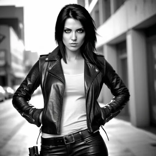 Prompt: an attractive beautiful woman in her early twenties with straight black hair swept over to one side, brown coloured eyes, . UHD, HDR, highly detailed skin

Sin city style image, black and white, angle from down below as revolver aimed at viewer. Wearing a long leather jacket and leather pants with boots 