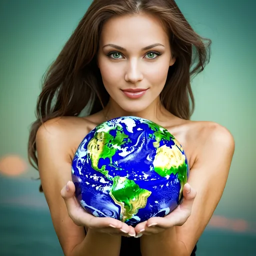 Prompt: A beautiful woman holding the earth in her hands 