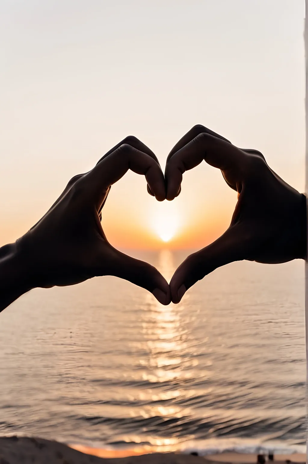 Prompt: Backlit photo of a two hands meeting to create a heart gesture with a sunset in the middle . Silhouette, dramatic, artistic, shadowy