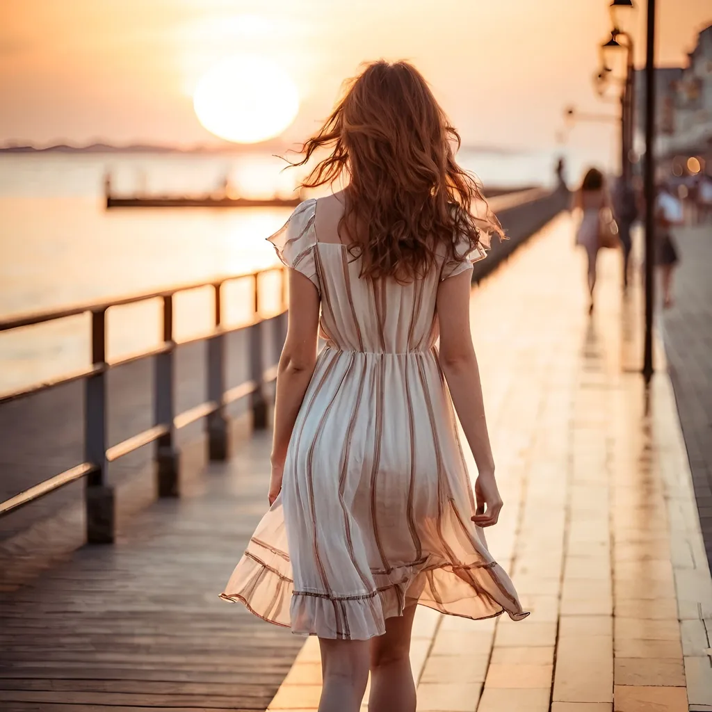 Prompt: image taken from behind as young beautiful attrative woman with brown wavyt hair walks along promenade at sunset wearing a light summer dress and sandals 