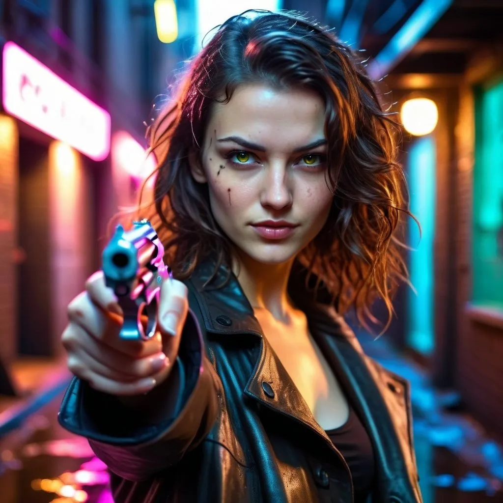 Prompt: an attractive beautiful woman in her early twenties with long wavy brunette hair, dark brown coloured eyes, natural face, UHD, HDR, highly detailed skin.

Cyberpunk detective in a downtown back alley with neon light illuminating the wet streets. Very focused face with slight grin. Pointing revolver at the viewer 
