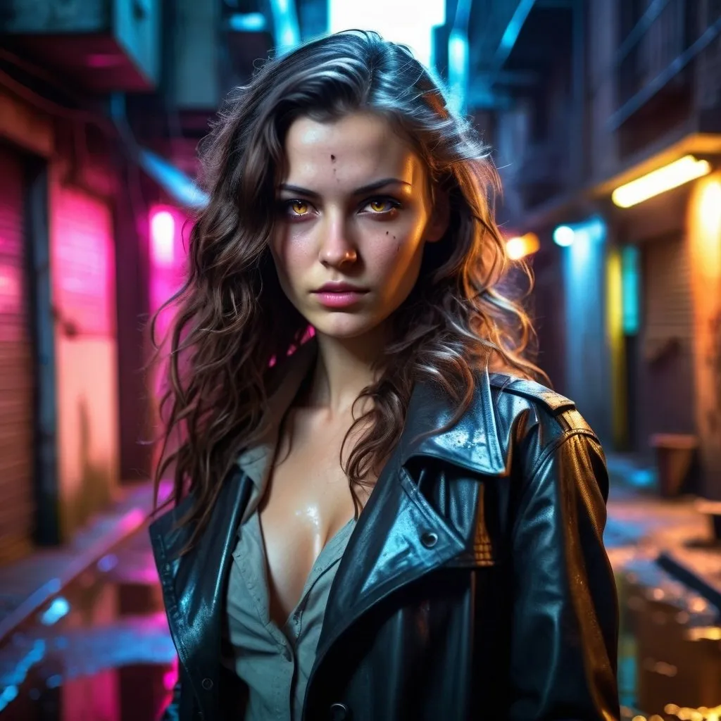 Prompt: an attractive beautiful woman in her early twenties with long wavy brunette hair, dark brown coloured eyes, natural face, UHD, HDR, highly detailed skin.

Cyberpunk detective in a dinge back alley with neon light illuminating the wet streets. Very focused face. Holding revolver close to body
