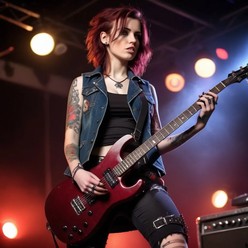 Prompt: an attractive beautiful woman in her early twenties with shoulder length wavy deep red coloured hairslim body, natural beauty, dark hazel coloured eyes high detailed flawless skin, UHD, HDR, 

Wearing a punk rockers vest and tight tartan jeans with dr Martin boots, sleeve tattoo playing electric guitar on a stage. Stage lighting and smoke 