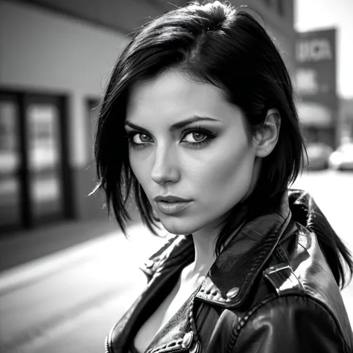 Prompt: an attractive beautiful woman in her early twenties with straight black hair swept over to one side, brown coloured eyes, . UHD, HDR, highly detailed skin

Sin city style image, black and white, head tilted slightly to the side when lighting a cigarette. Wearing a leather jacket 