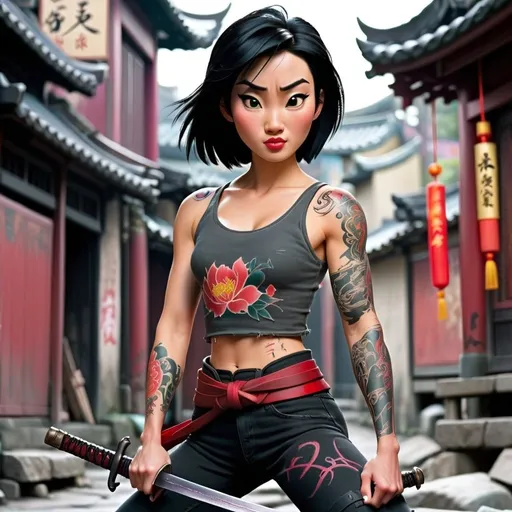 Prompt: Princess Mulan from Mulan in her early twenties with short black hair, tattoos. Tight black jeans with black boots and a torn tank top. Back alleys of Hong Kong, wielding a samurai sword