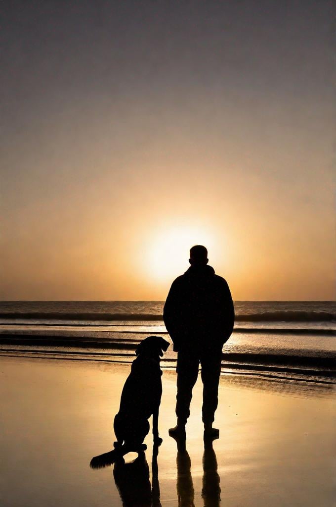 Prompt: silhouette lighting, man and dog sat together  on a beach watching sun set on the horizon, centred, lighting from sun