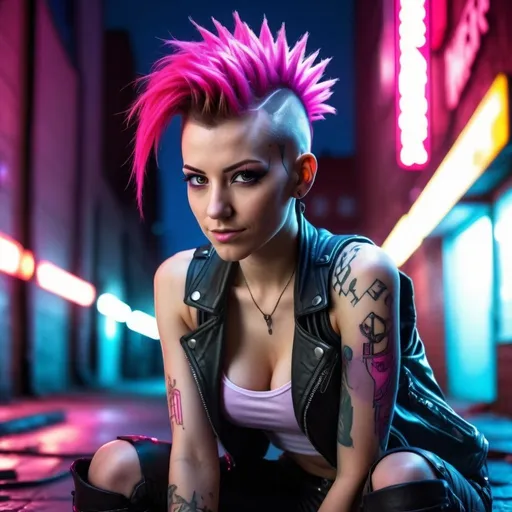 Prompt: an attractive beautiful woman in her early twenties with a shaved side electric pink Mohawk hair, deep brown coloured eyes, . UHD, HDR, highly detailed skin.

Cyberpunk scene, dark alley with neon lights. Crouched down looking over viewer with a menacing smile as threatens viewer with a dagger. 