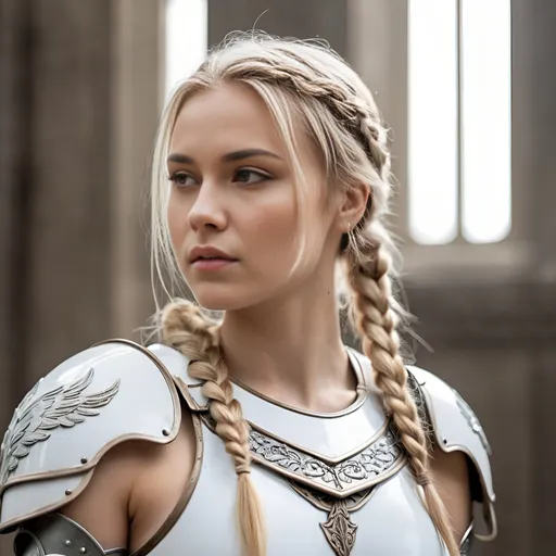 Prompt: an angelic warrior, a beautiful blonde woman with hair in a braid, wearting white armour