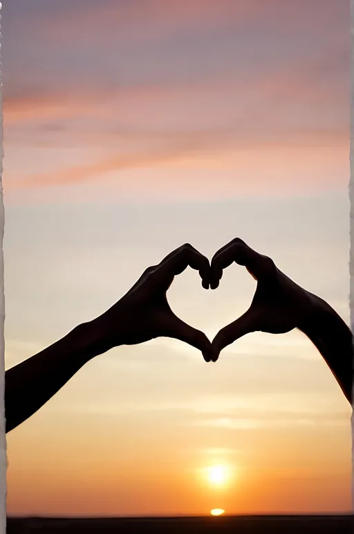 Prompt: Backlit photo of a two hands meeting to create a heart gesture with a sunset in the middle . Silhouette, dramatic, artistic, shadowy