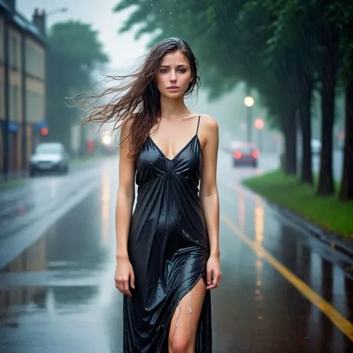 Prompt: an attractive beautiful woman in her early twenties with long wavy brunette hair, slim body, brown coloured eyes UHD, HDR, highly detailed skin.

Full body shot. Standing in the middle od quiet road in the pouring rain. Hair drenched and her slip dress soaked, Skin shines with the wetness. Arms slack at the sides. Holding a bunch of flowers in her left hand which drape towards the ground. Face full of sorrow and despair and sadness 