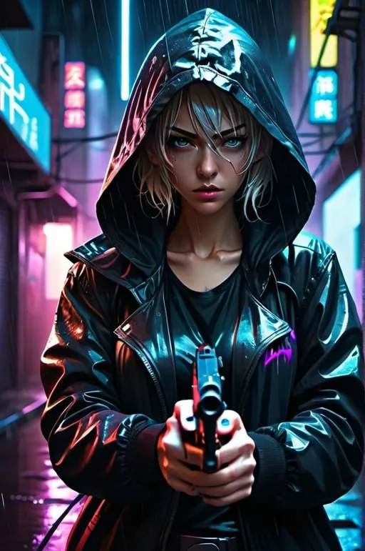 Prompt: Anime cyberpunk style, woman in an alley with hood up, aiming gun at viewer, heavy rain, neon lights, highly detailed, HD, dark background