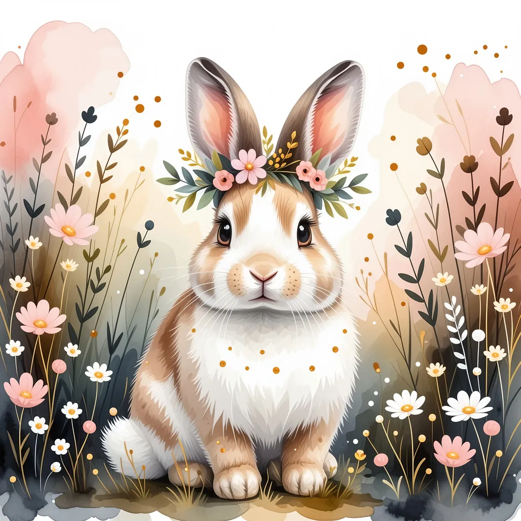 Prompt: A bohemian-inspired illustration of a bunny in a serene meadow filled with soft pink and beige wildflowers. The bunny has soft fur with artistic golden speckles and wears a leafy wreath adorned with small pastel flowers. Its large, soulful eyes glisten with innocence, and the background includes warm watercolor textures in muted tones, with splashes of white dots resembling fireflies. The overall atmosphere feels cozy, rustic, and enchanting, evoking a sense of warmth and connection with nature.