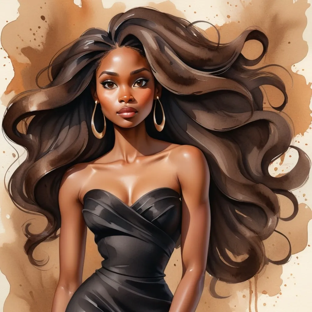 Prompt: A watercolor illustration of a confident African American woman with long, flowing hair, wearing a black strapless dress. The background is a textured paper with soft, warm brown splashes, giving an elegant, artistic feel."