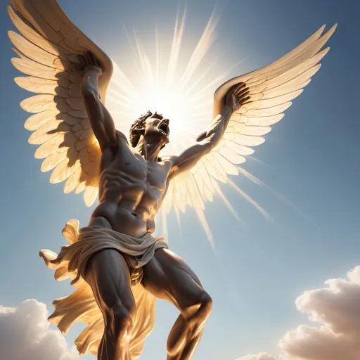 Prompt: Realistic depiction of a Greek man with wax wings flying too close to the sun, causing the wax to melt. The scene shows him struggling as he falls, with detailed, sunlit sky and melting wings.