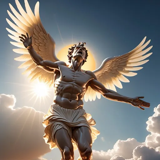 Prompt: Realistic depiction of a Greek man with wax wings flying too close to the sun, causing the wax to melt. The scene shows him struggling as he falls, with detailed, sunlit sky and melting wings.