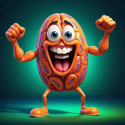 Prompt: Caricature of an animated mitochondria with arms and legs full body, vibrant and energetic, digital illustration, power pose, exaggerated features, high energy, colorful, scientific cartoon, dynamic lighting, best quality, highres, vibrant, digital illustration, energetic, powerful pose, exaggerated features, scientific, dynamic lighting