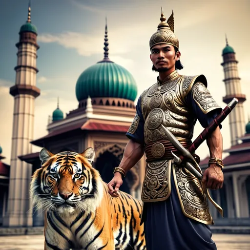 Prompt: malaysia ancient warrior with mosque background with tiger
