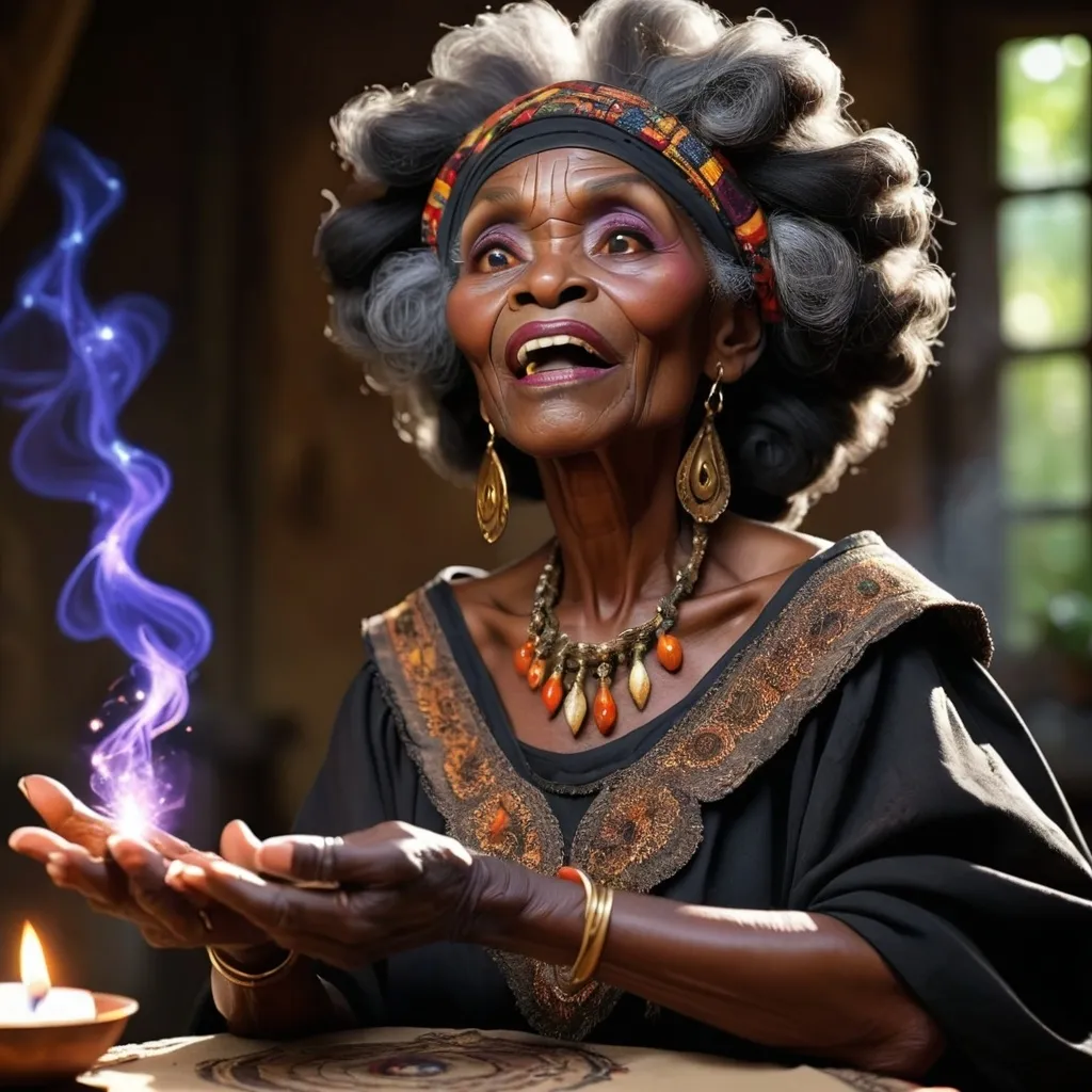 Prompt: Old black traditional woman preforming magic