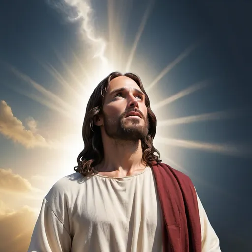 Prompt: Jesus christ
Have humble face profile
Looking to the sky
The sky have cludes
Jesus full body appear