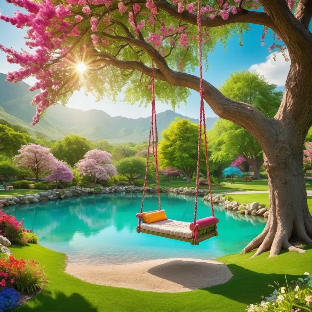 Prompt: lush green lawn flowering trees with bed sized swing hanging from tree with turquoise pond, beach and bubbling brook, all surrounded by gigantic colourful gemstones