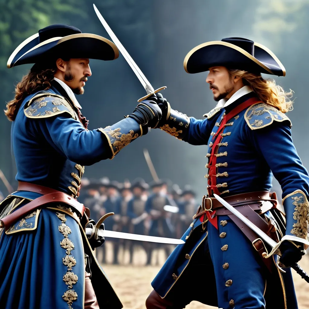 Prompt: two elaborately dressed French musketeers facing each sparring dueling each other blade against blade with ornate rapiers, epic renaissance masterpiece, super realistic, dramatic motion, cinematic, deep color matte painting, perfect rendition intricate details,, perfect composition, high contrast, atmospheric