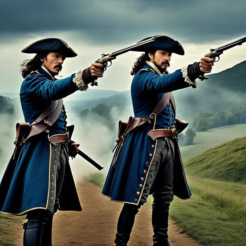 Prompt: two musketeers dueling with flintlock pistols at 40 paces, epic renaissance masterpiece, super realistic, dramatic motion, cinematic, deep color matte painting, perfect rendition intricate details,, perfect composition, high contrast, atmospheric