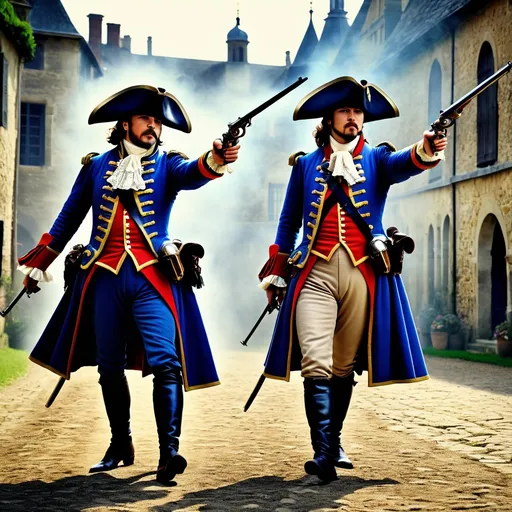 Prompt: two elaborately dressed French musketeers dueling each other with flintlock pistols at 40 paces, epic renaissance masterpiece, super realistic, dramatic motion, cinematic, deep color matte painting, perfect rendition intricate details,, perfect composition, high contrast, atmospheric