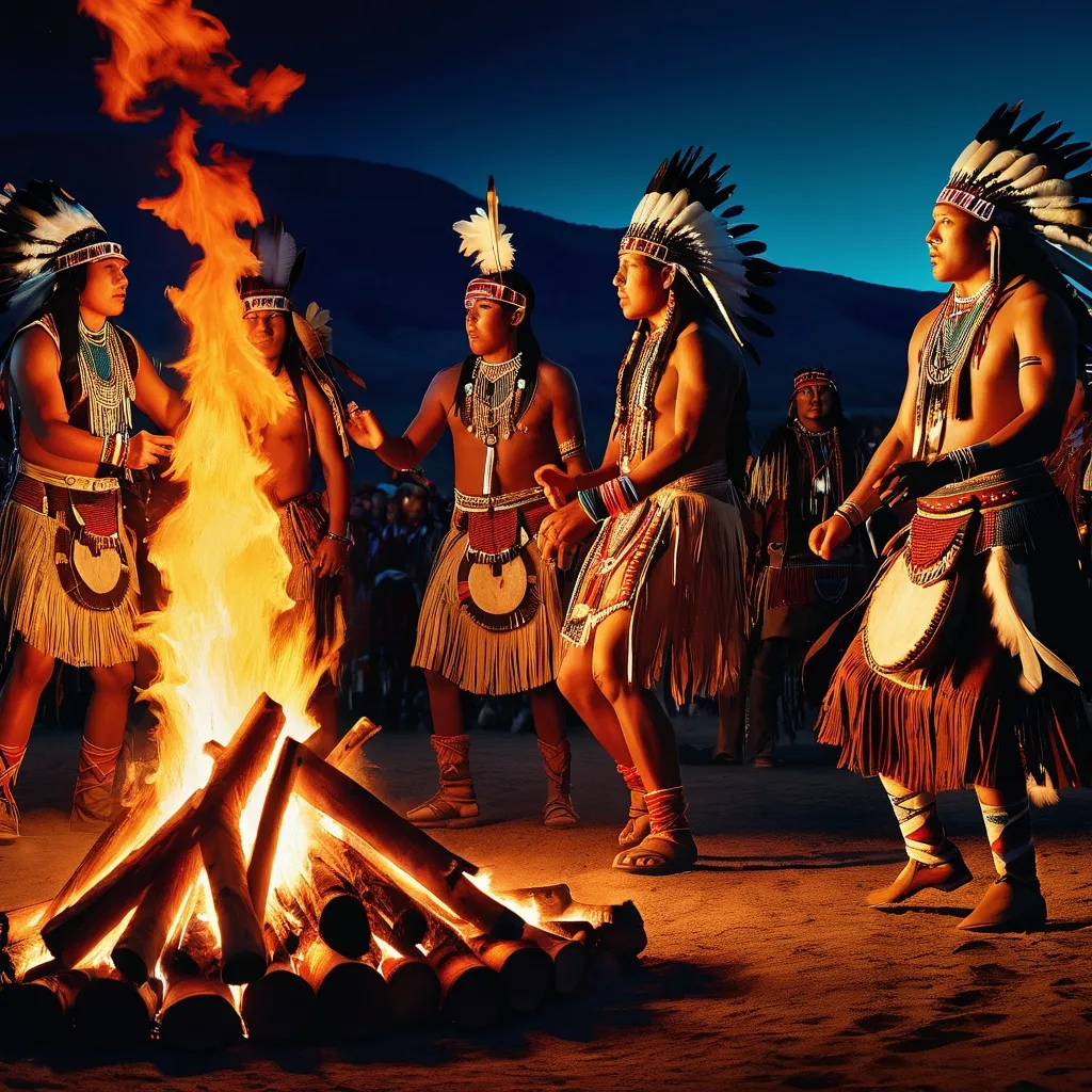 Prompt: native american paiute powwow, dancing around bonfire, hide drums, perfect native american masterpiece, super realistic, dramatic motion, cinematic, deep color matte painting, perfect rendition intricate details,, perfect composition, high contrast, atmospheric