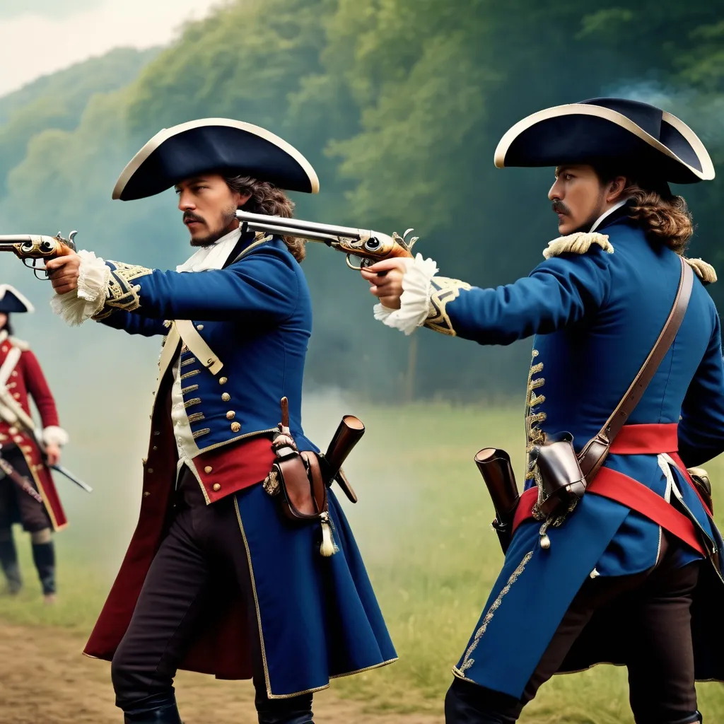 Prompt: two elaborately dressed French musketeers facing each other firing with flintlock pistols at 40 paces, epic renaissance masterpiece, super realistic, dramatic motion, cinematic, deep color matte painting, perfect rendition intricate details,, perfect composition, high contrast, atmospheric