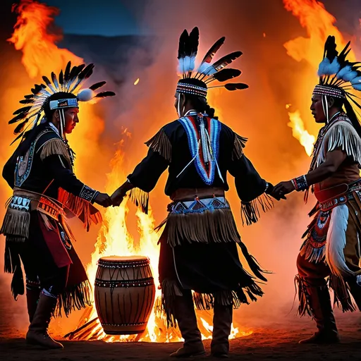 Prompt: native american paiute powwow, dancing around bonfire, hide drums, perfect native american masterpiece, super realistic, dramatic motion, cinematic, deep color matte painting, perfect rendition intricate details,, perfect composition, high contrast, atmospheric