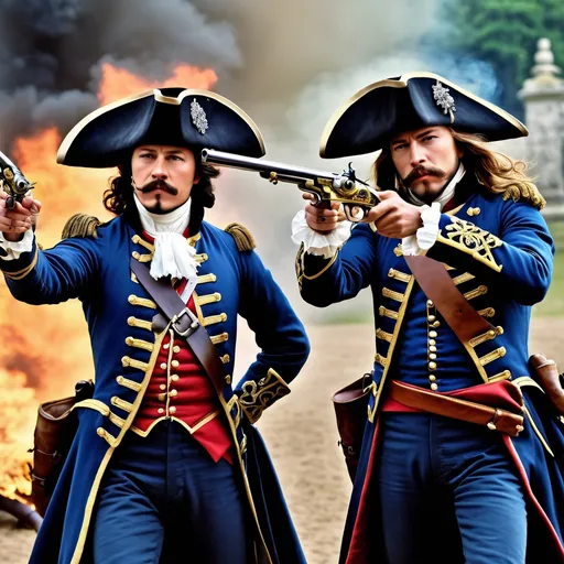 Prompt: two elaborately dressed French musketeers facing each other firing with flintlock pistols at 40 paces, epic renaissance masterpiece, super realistic, dramatic motion, cinematic, deep color matte painting, perfect rendition intricate details,, perfect composition, high contrast, atmospheric