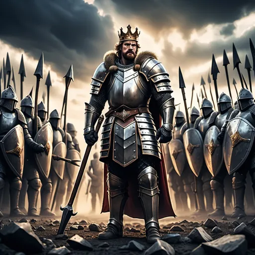 Prompt: Picture a strong, determined king knight standing at the front of a line of troops. He grips a rugged pickaxe Behind him, his soldiers are lined up, some holding shields and weapons, ready for battle. The backdrop features a dramatic sky