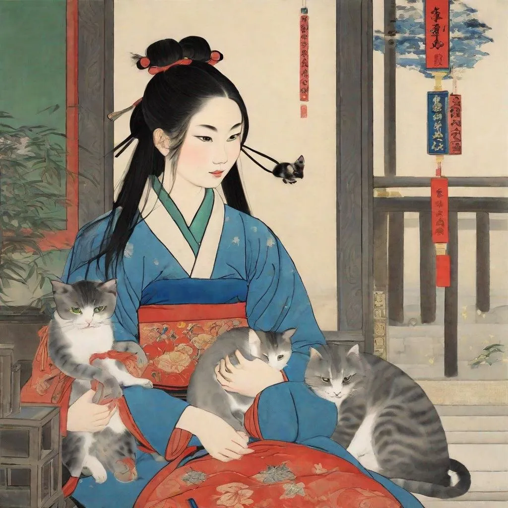 Prompt: Dinasty Ming girl with cat 