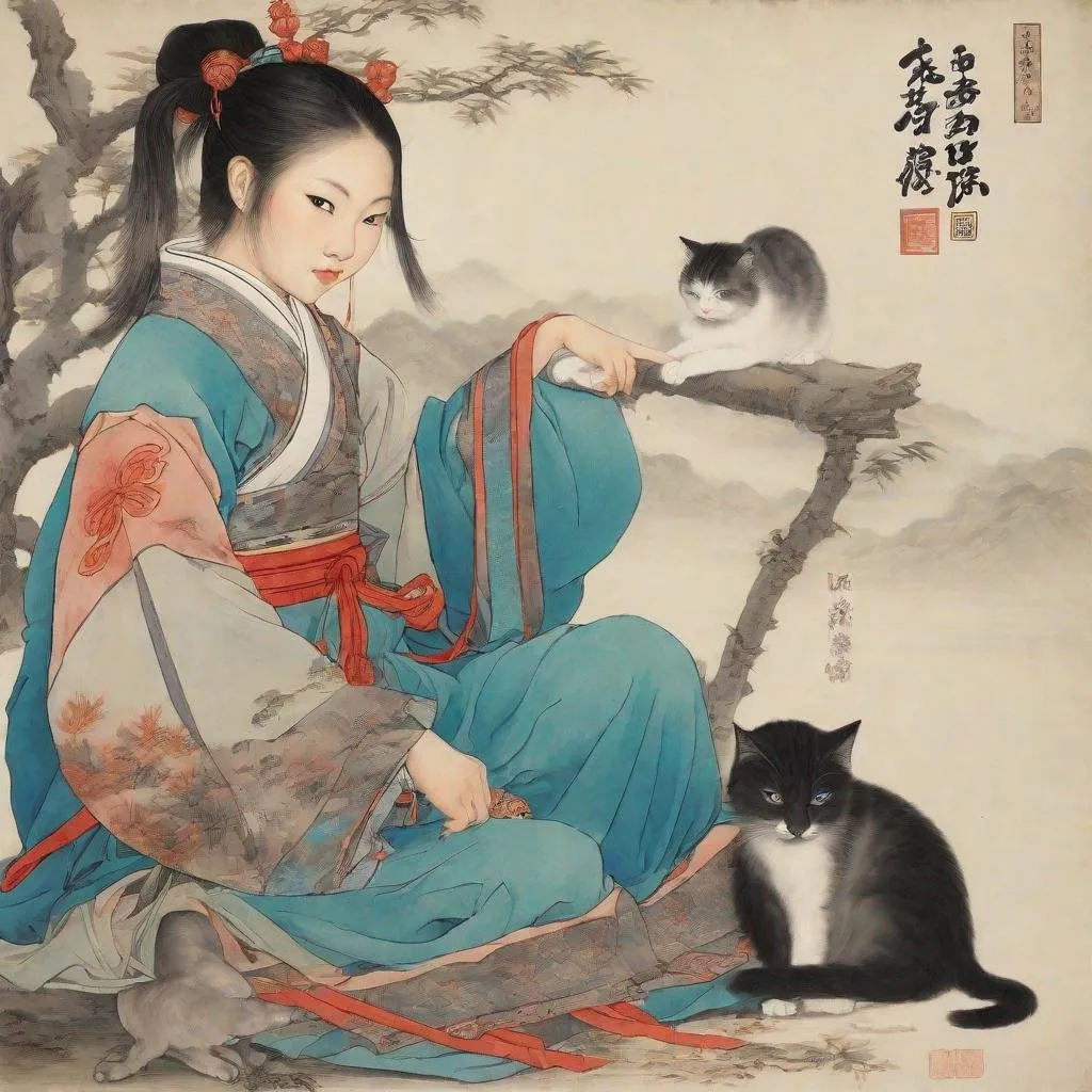 Prompt: Dinasty Ming girl with cat 