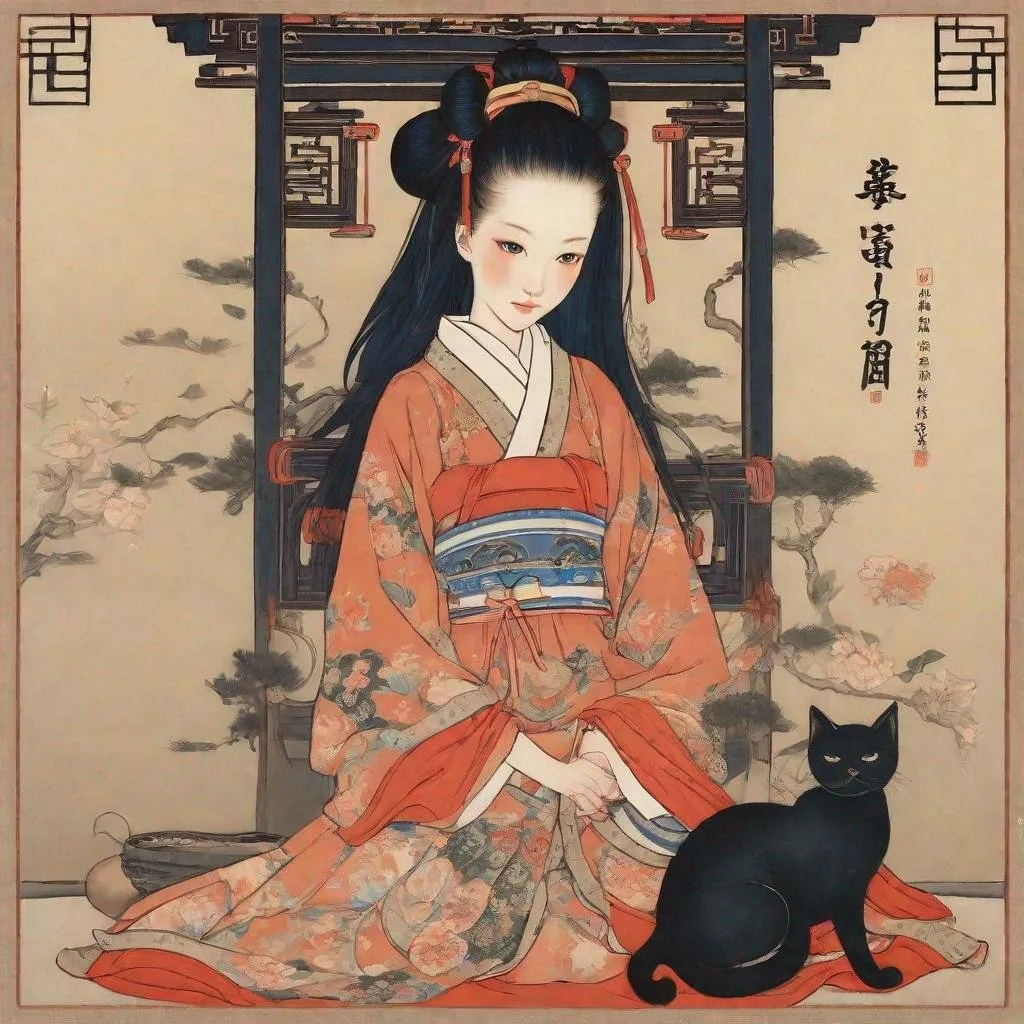 Prompt: Dinasty Ming girl with cat 
