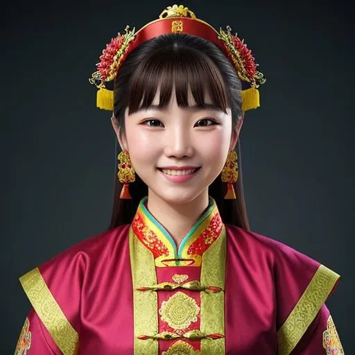Prompt: 3D rendering of a joyful Chinese girl, traditional clothing, vibrant color palette, detailed hairstyle, high quality, lively and vibrant, traditional, detailed facial features, realistic lighting
