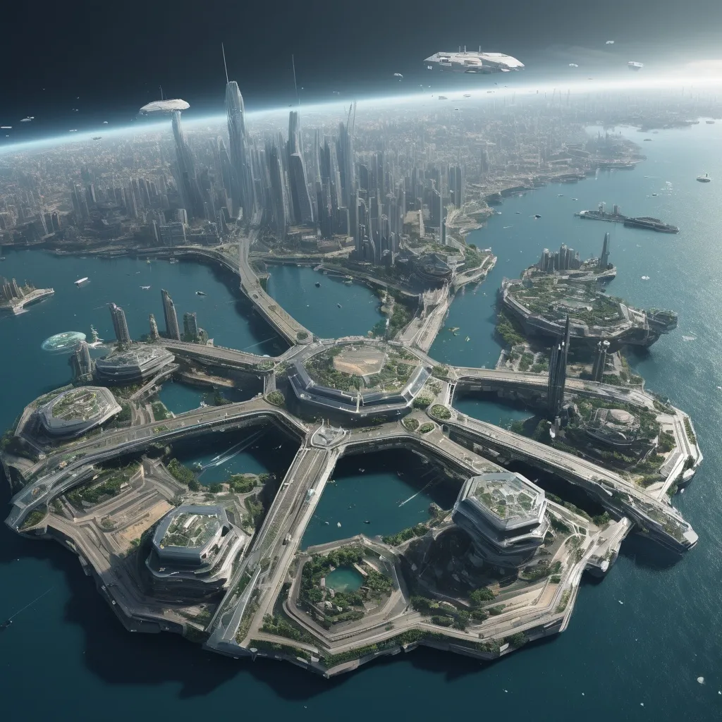 Prompt: Octagon ocean megacity. Large continent connected bridge. Futuristic air defence.