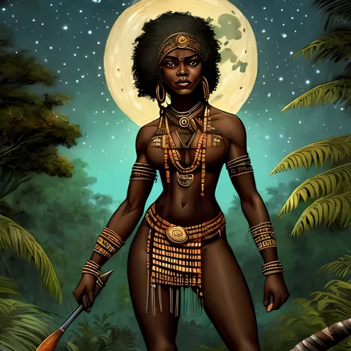 Prompt: A beautiful black woman holding a spear dressed in tribal clothing. Hunting a dinosaur.

A full moon.

Starry night sky.

Jungle tree.



