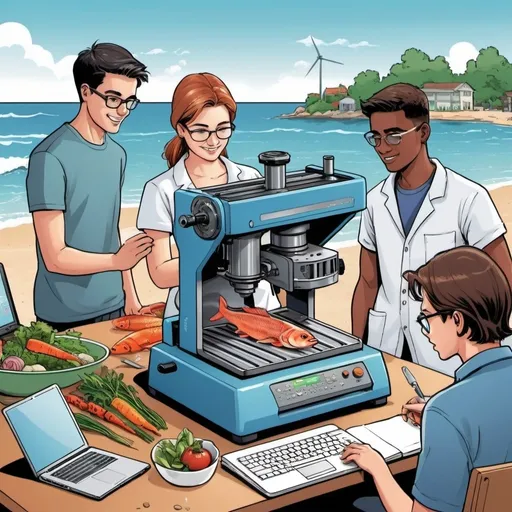 Prompt: milling machine, group of international students, laboratory, beach, books, cean comic style, fish and vegtable grilling, laptop