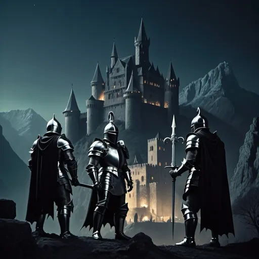 Prompt: 1970s low resolution dark fantasy knights standing in front of a castle at night with mountains 