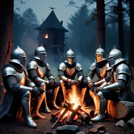 Prompt: 1970s dark fantasy knights sitting around a campfire at night with fog