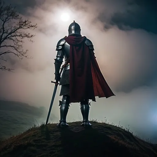 Prompt: Knight standing on hill in fog at night