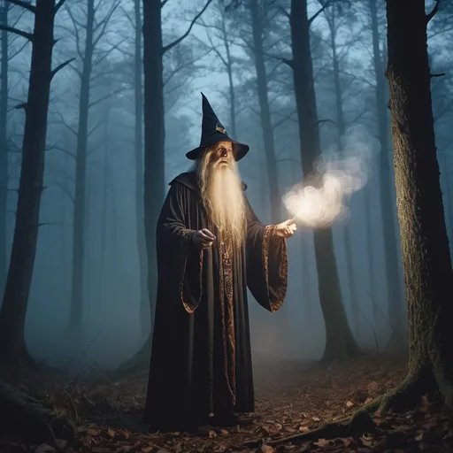 Prompt: 1970s low resolution dark fantasy wizard casting spell in foggy forest at night