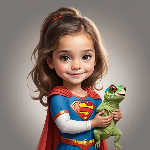 Prompt: draw a cartoon pencil style of a 8- years-old wite girl with triangle happy face, sparkling brown eyes;  long straight hair over her soulders;   wearing a costume of superman holding one baby chameleon on her hand. The logo of superman should be visible. 