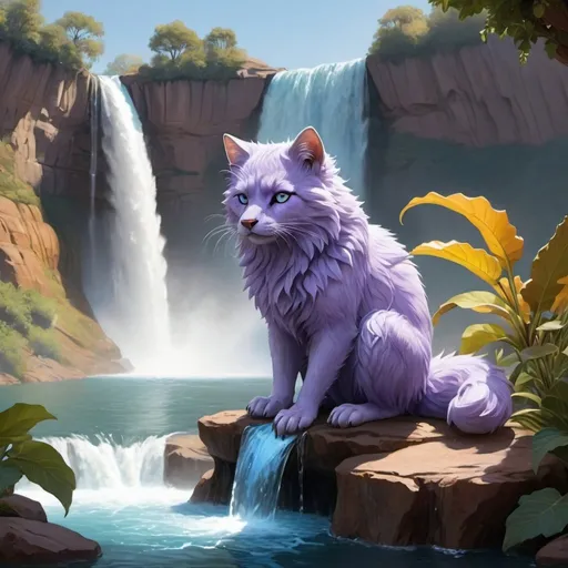 Prompt: A creator with short claws, lavender eyes, and light-blue fur sits in front of a beautiful amber-colored waterfall while large fig-like plants surround a lake at the base of the falls.
