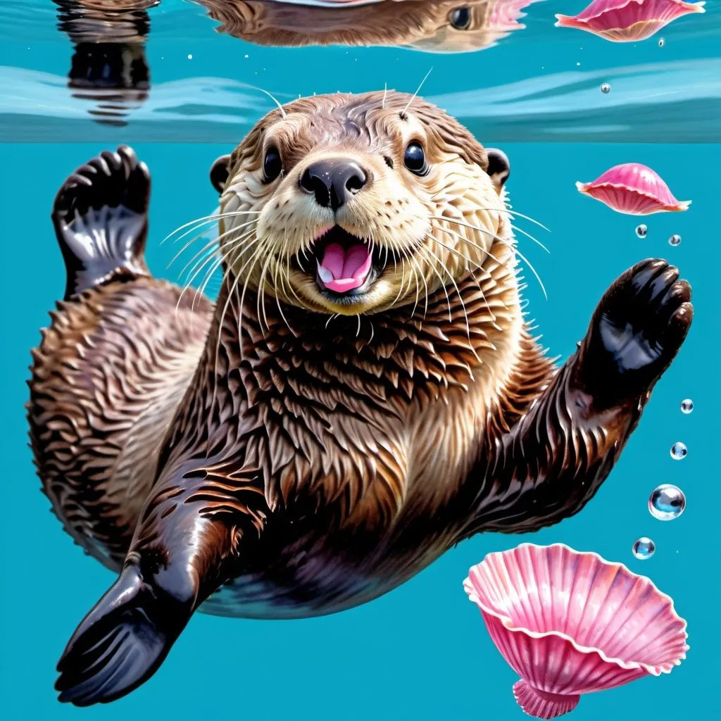 Prompt: create an colored pencil drawing of a sea otter floating in blue water on its back, holding a pink clam shell high up in the air and smiling in delight. there are a few fish in the water and a seagull in the air.