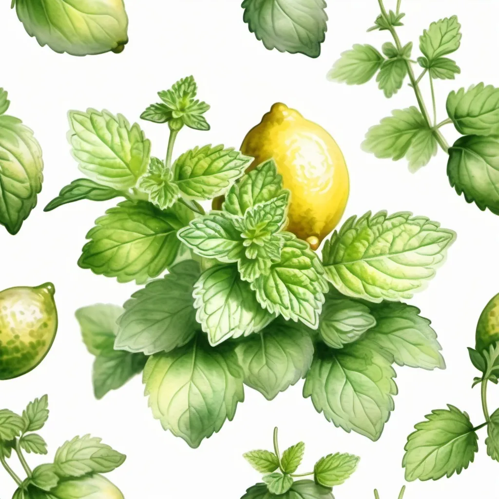 Prompt: lemon balm herb in watercolor painting style on pure white background