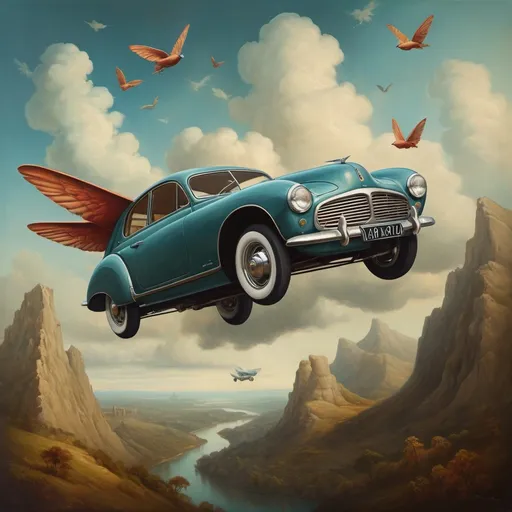 Prompt: Act as a Renaissance surrealist and create a surreal painting of a flying classic car.