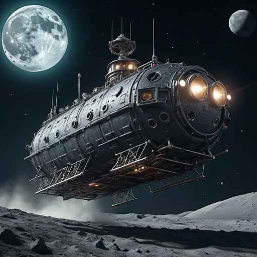 Prompt: a lunar-landing craft in flight approaching the moon, detailed matte painting, deep color, fantastical, intricate detail, splash screen, complementary colors, fantasy concept art, 8k resolution